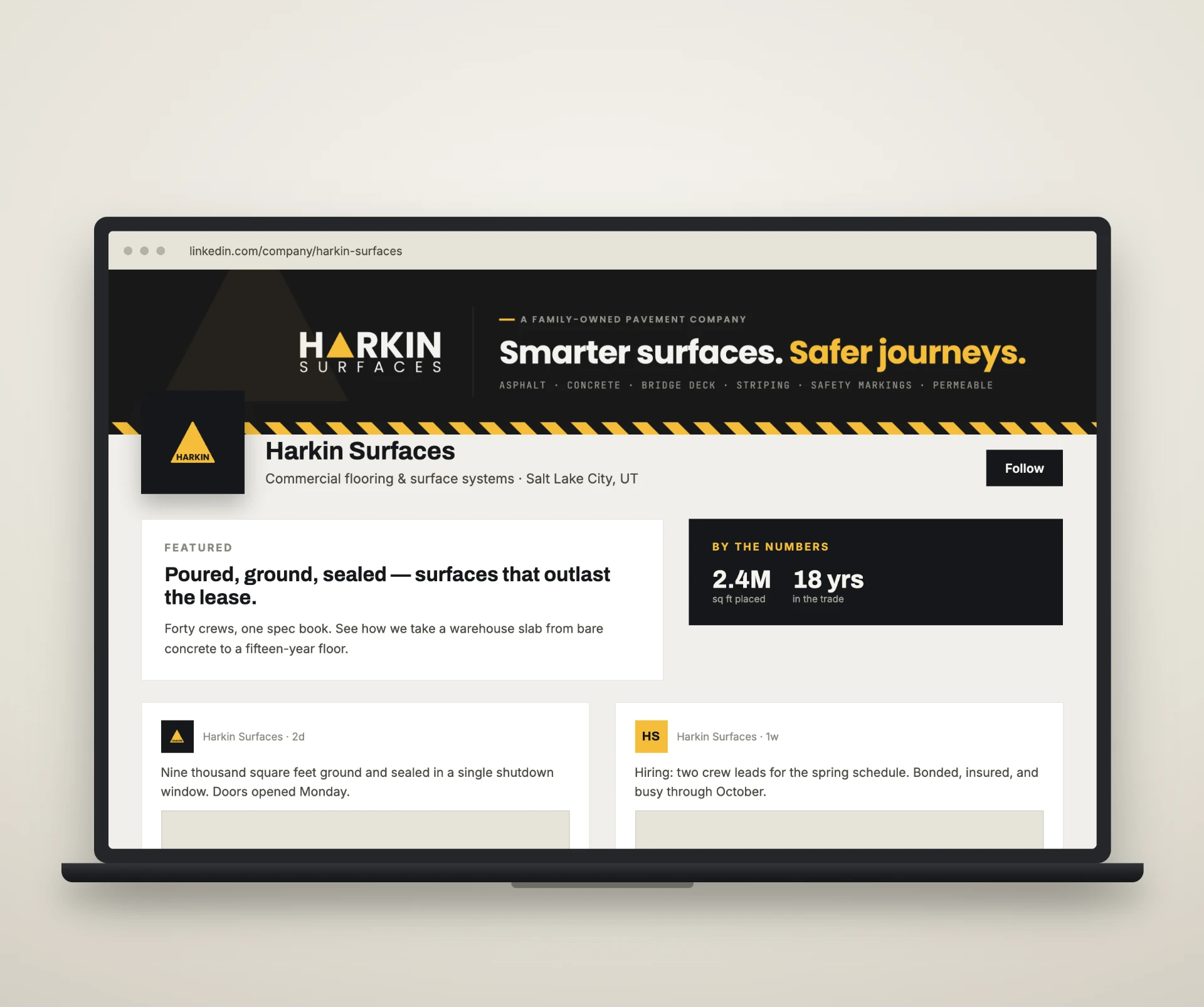 Harkin Surfaces LinkedIn profile with brand banner, tagline and identity system applied
