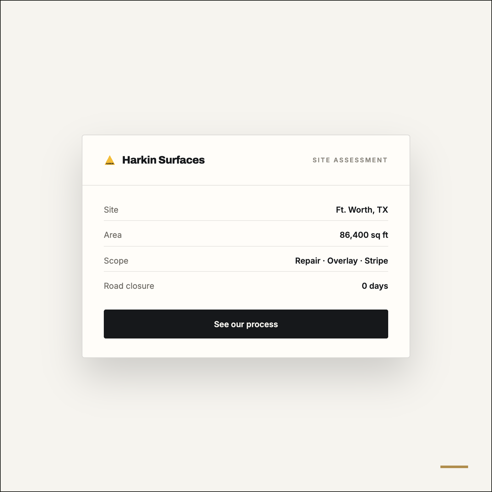 Site assessment card  -  scoped, quoted, scheduled.