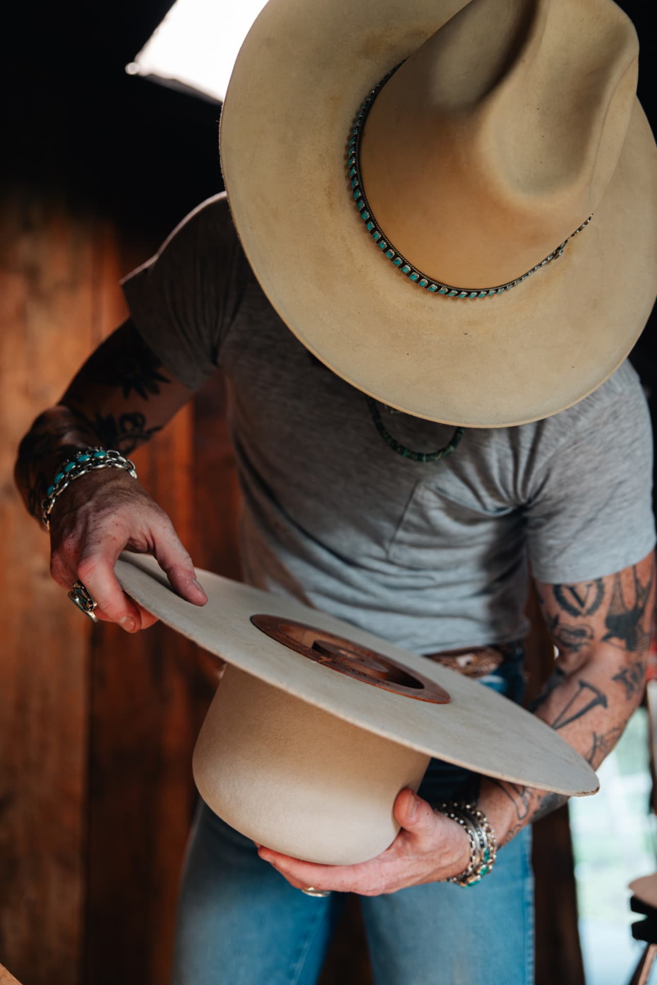 Felt and turquoise, hat by hat.