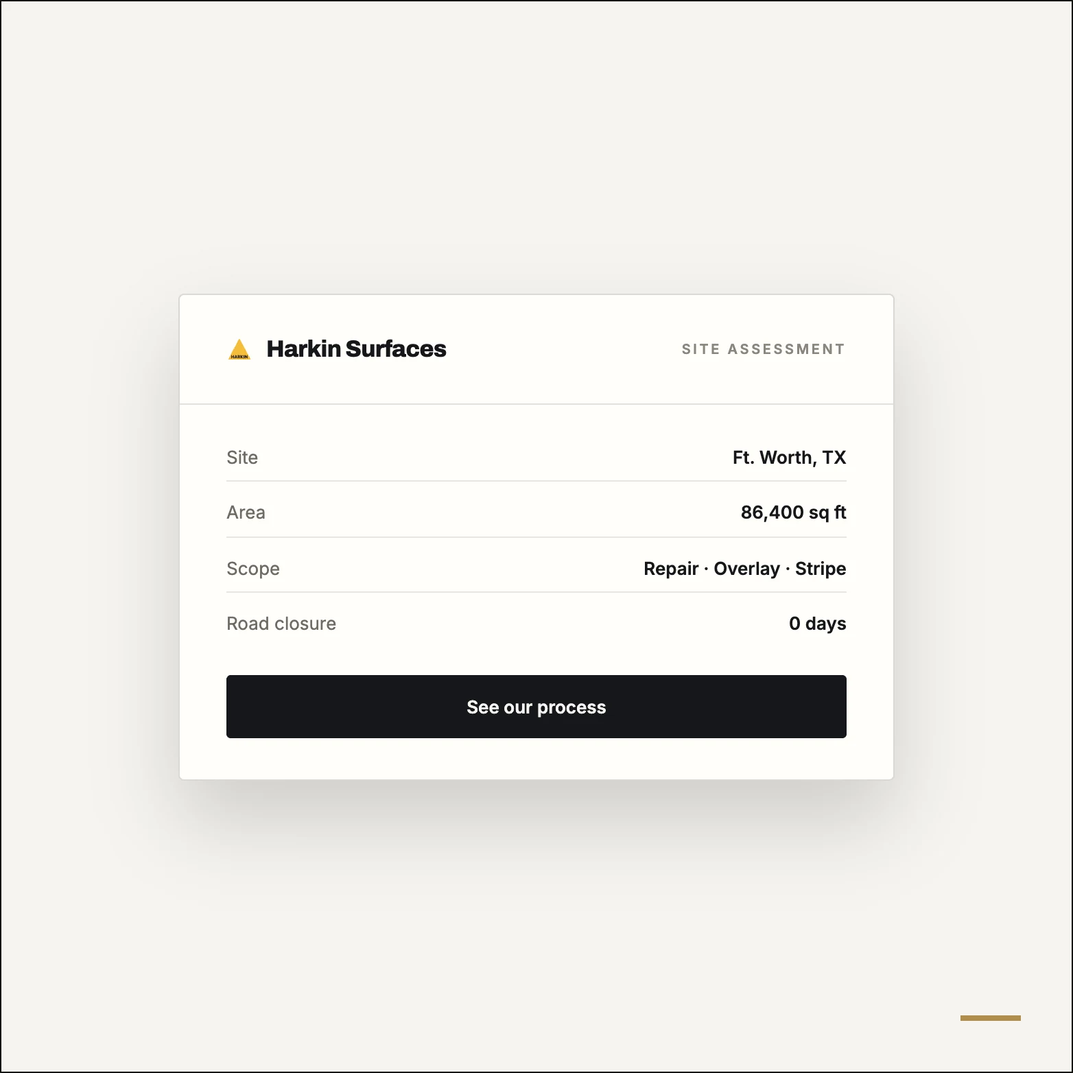 Site assessment card  -  scoped, quoted, scheduled.