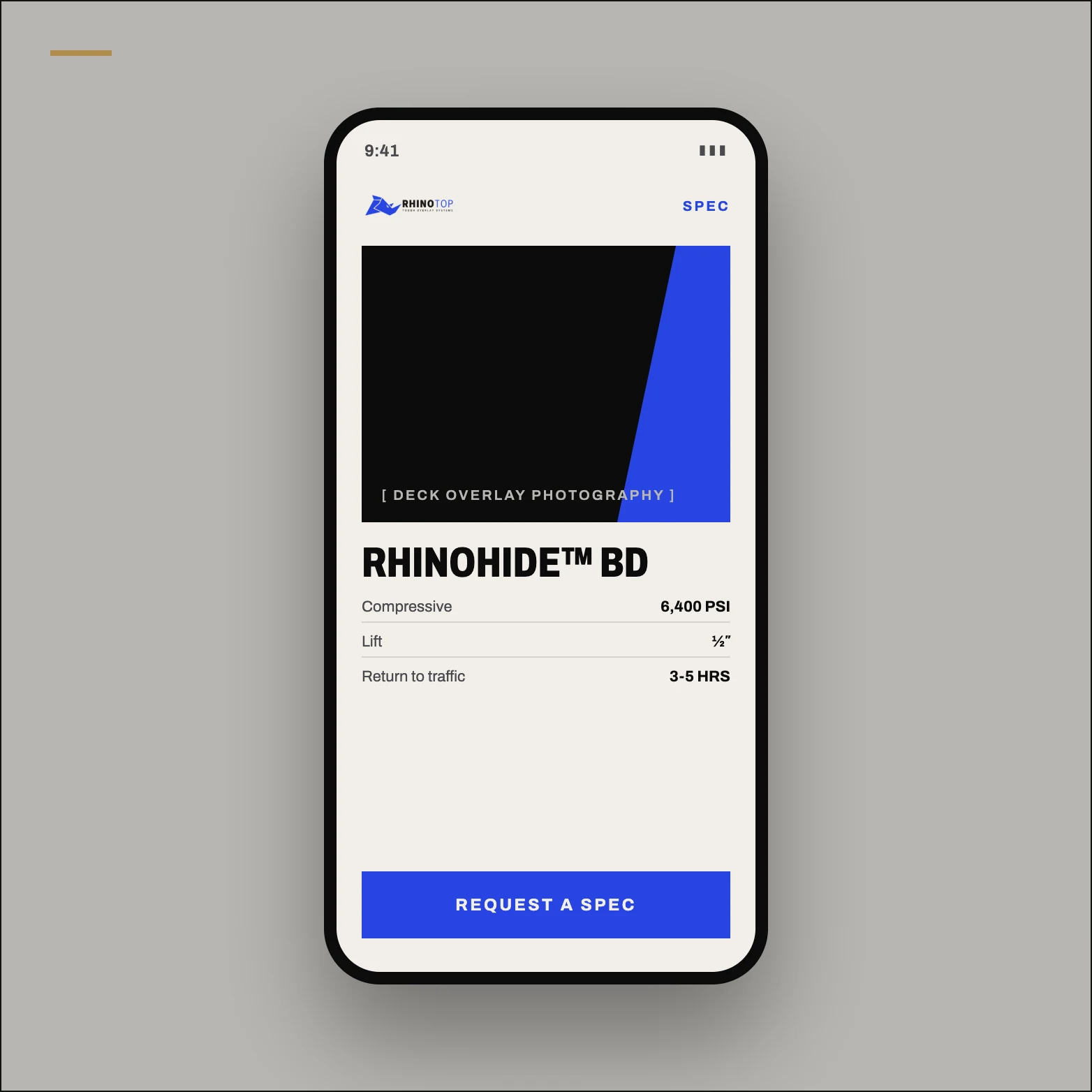 Mobile product spec: RhinoHide™ BD, built the way a specifier reads.